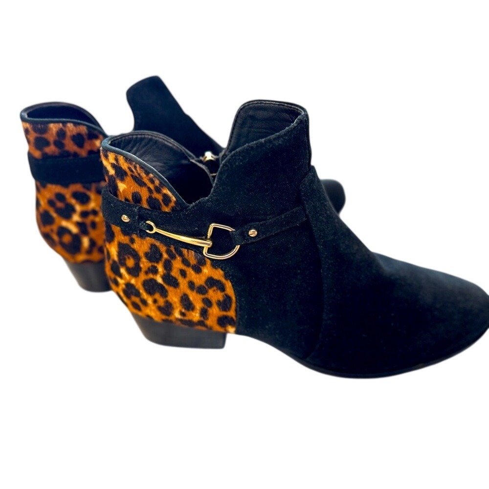 Lands End Black Suede Leopard Calf Hair Ankle Boots 7B‎ 487005